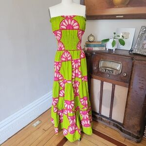 Vintage Tiki Pink Green Floral Maxi Dress Retro S Med